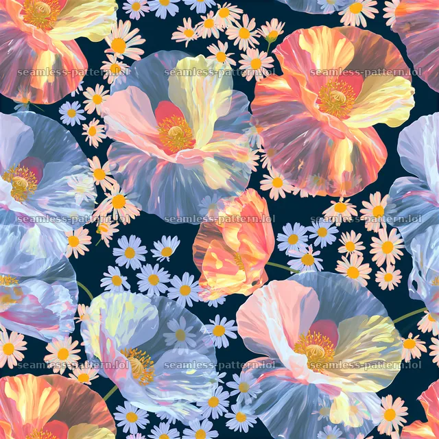 Rainbow floral repeat pattern featuring large flowers and daisies — seamless tileable pattern