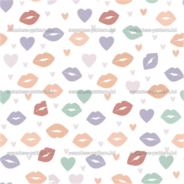 Repeating pattern with assorted lip shapes and hearts on white background — seamless tileable pattern