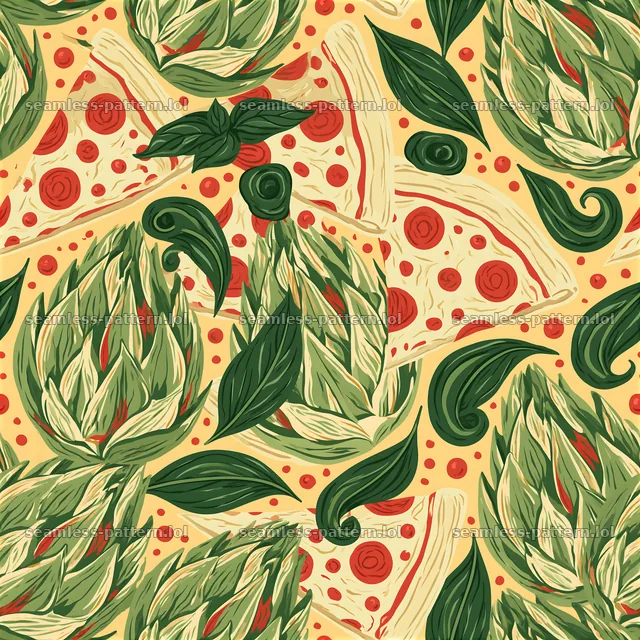 Pattern/seamless artichoke pizza pattern with a variety of toppings — seamless tileable pattern