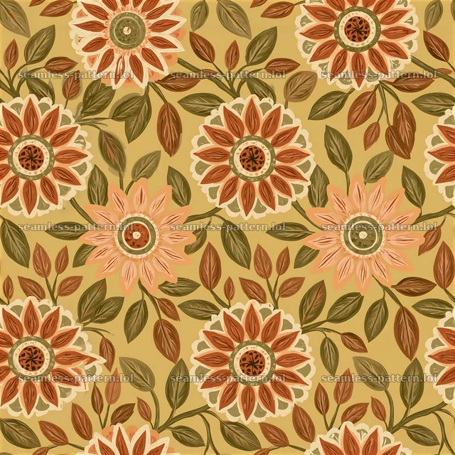Vintage flower tileable pattern with sunflowers and leaves — seamless tileable pattern