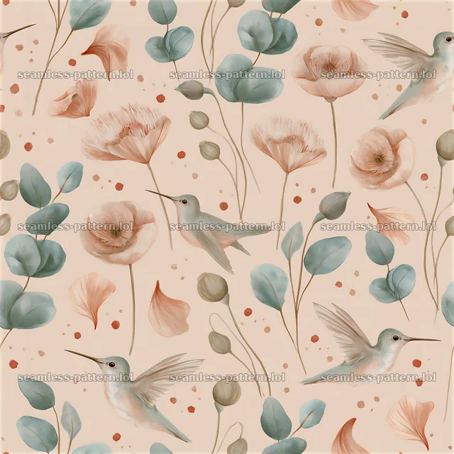 Seamless watercolor hummingbird pattern with flowers and leaves — seamless tileable pattern
