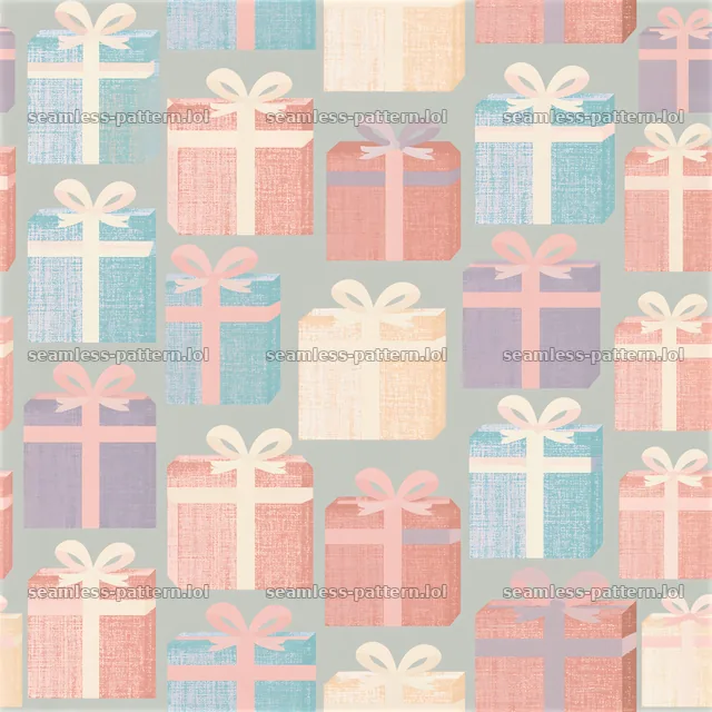 Repeating pattern of pastel Christmas gift boxes on light background — seamless tileable pattern