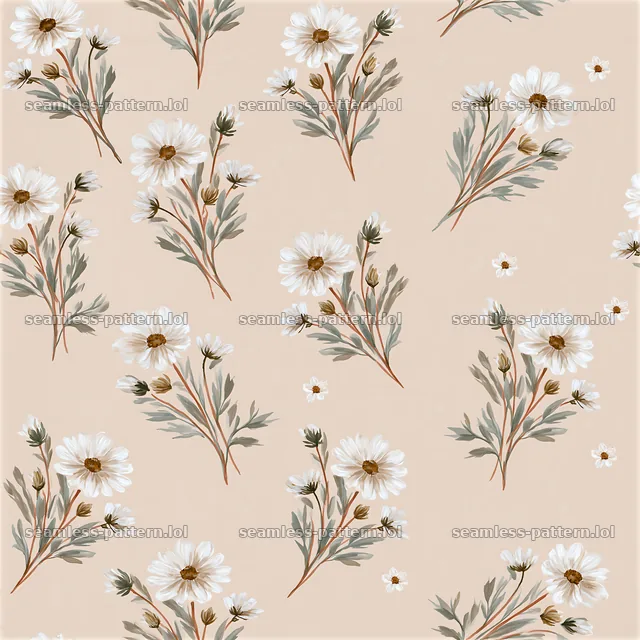 Tileable watercolor floral sprig pattern with white blossoms — seamless tileable pattern
