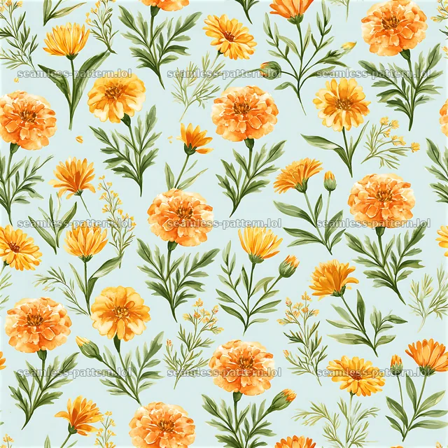 Orange floral watercolor pattern on blue background — seamless tileable pattern