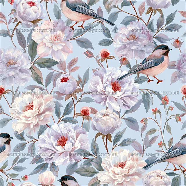 Romantic birds repeat pattern featuring flowers in soft colors — seamless tileable pattern