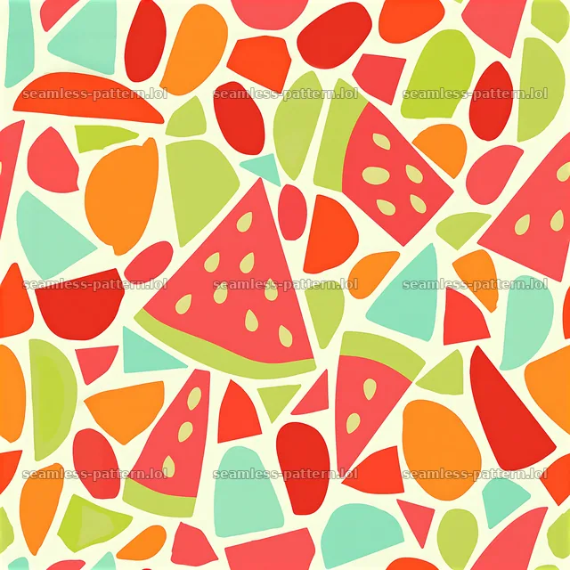 Bright organic mosaic seamless pattern features colorful fruit shapes — seamless tileable pattern