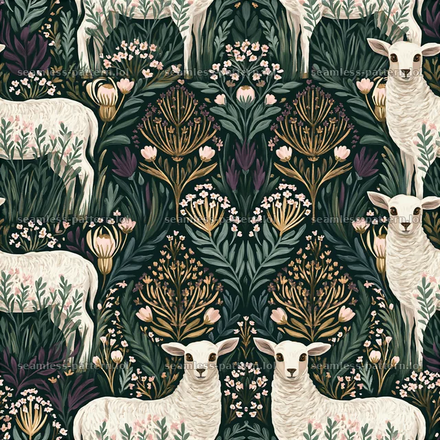 Repeat pattern with gentle lamb illustrations and meadow flowers — seamless tileable pattern