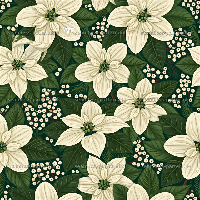 Seamless Christmas card pattern with white flowers and green leaves — seamless tileable pattern