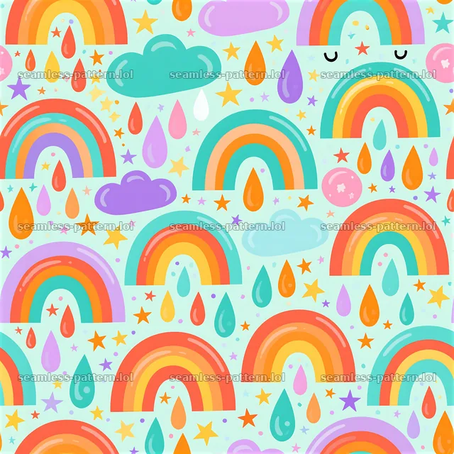 Colorful rainbow seamless pattern for kids with clouds and stars — seamless tileable pattern