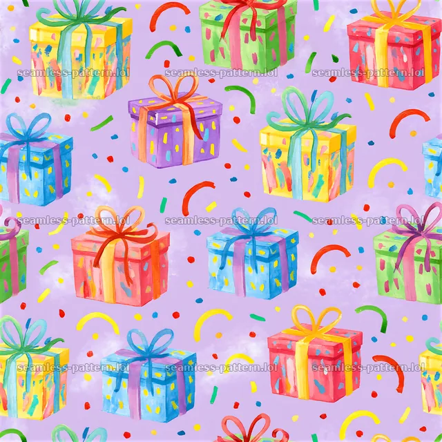 Birthday hand-painted tileable texture with colorful gift boxes — seamless tileable pattern