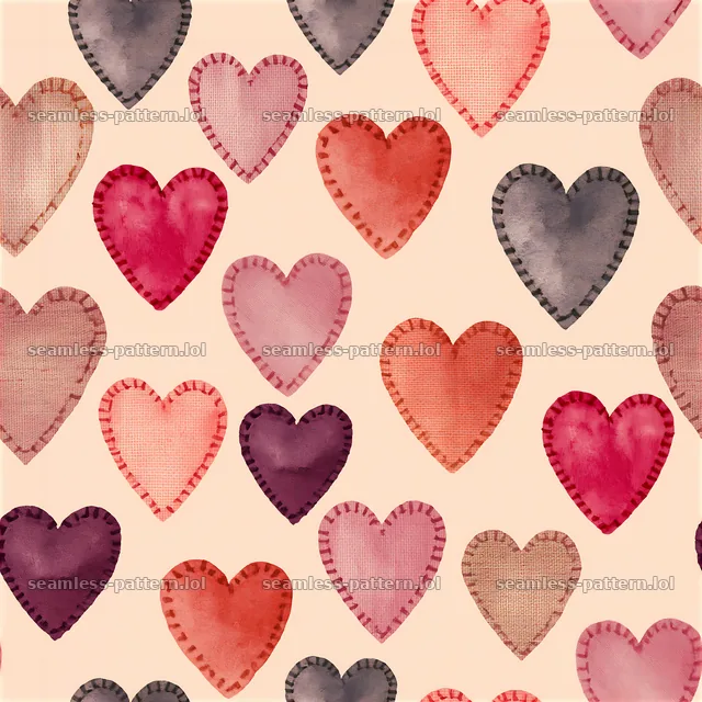 Stitched hearts repeating pattern with various colors and styles — seamless tileable pattern