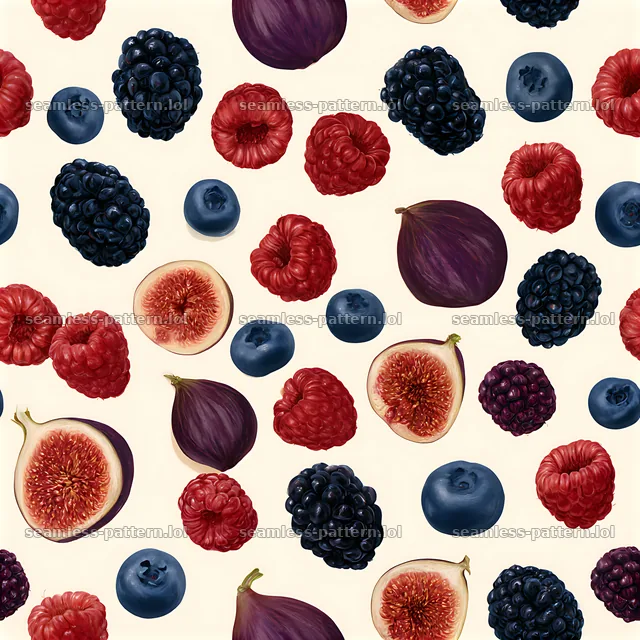 Colorful fruit seamless pattern with figs, berries, and blue fruits — seamless tileable pattern