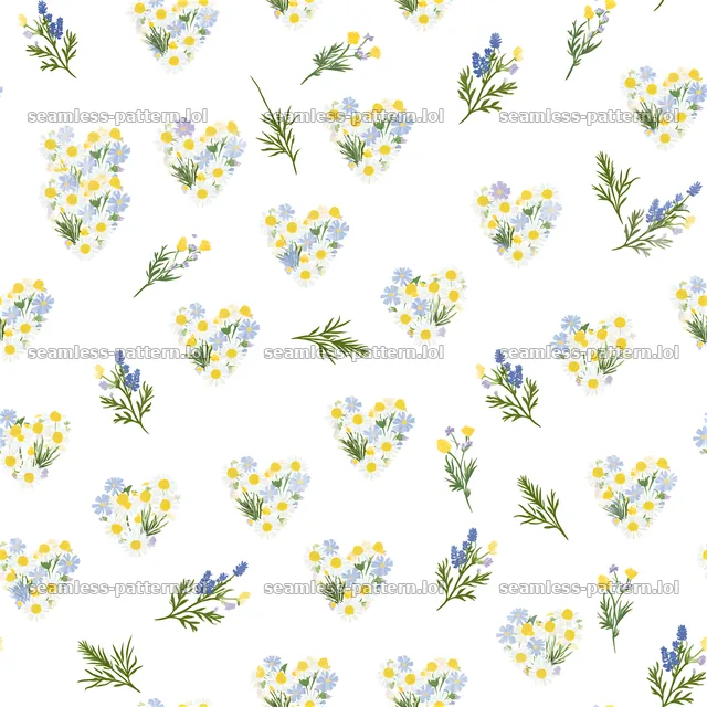 Seamless botanical heart pattern with flowers and greenery on white background — seamless tileable pattern