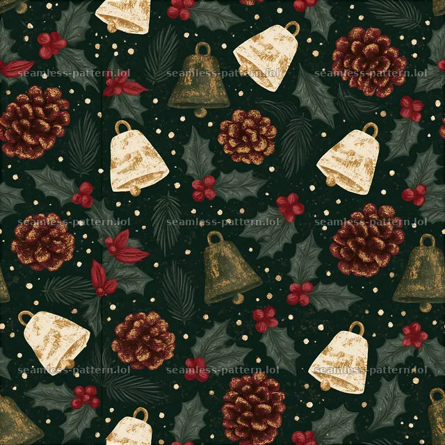 Seamless rustic Christmas pattern with bells and pinecones — seamless tileable pattern