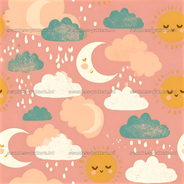 Cute sun and cloud seamless pattern with smiling faces and rain — seamless tileable pattern