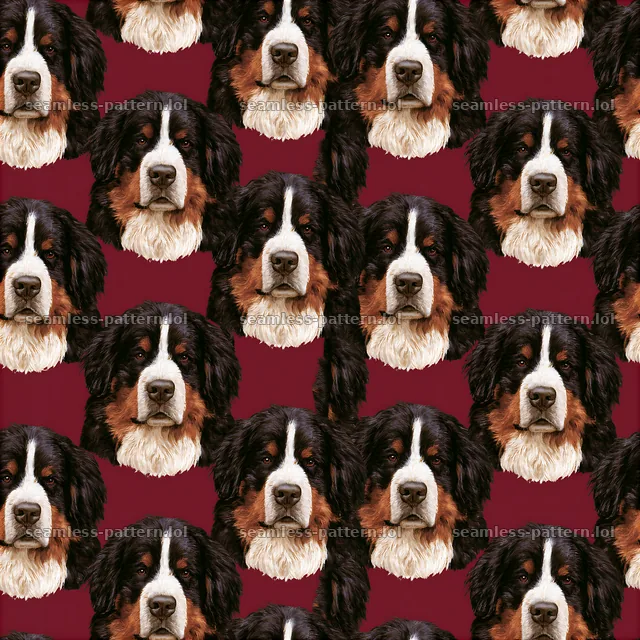 Repeat pattern with realistic dog portraits on a burgundy background — seamless tileable pattern