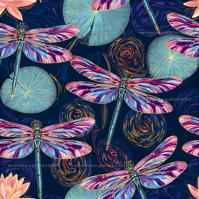 Colorful dragonfly seamless pattern with lily pads and flowers — seamless tileable pattern