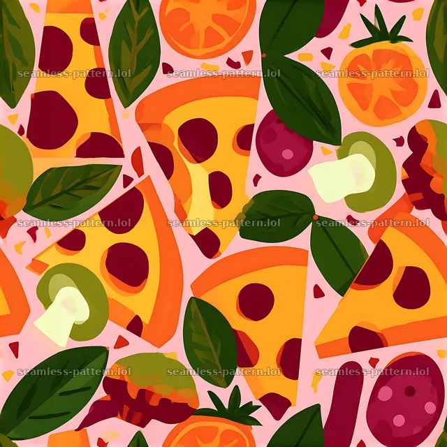 Seamless pizza ingredient pattern with slices and toppings on pink background — seamless tileable pattern