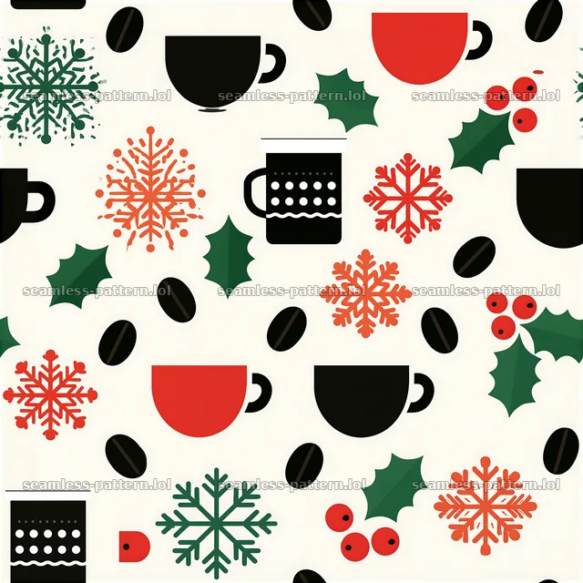 Seamless coffee winter pattern with cups, snowflakes, and holly — seamless tileable pattern