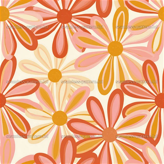 Retro daisies seamless pattern with bright oranges and soft pinks — seamless tileable pattern