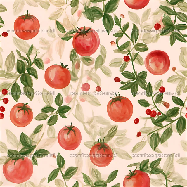 Seamless tomato basil pattern with red tomatoes and green leaves — seamless tileable pattern