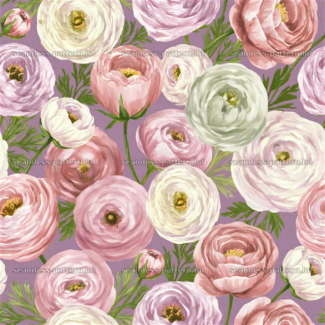 Repeat watercolor ranunculus pattern in soft pink and green shades — seamless tileable pattern