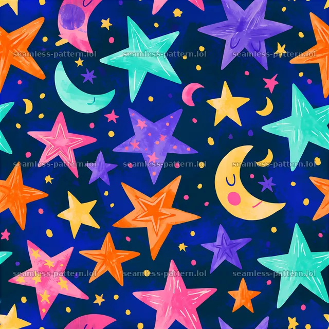 Pattern/colorful star seamless pattern with moons in rich colors — seamless tileable pattern