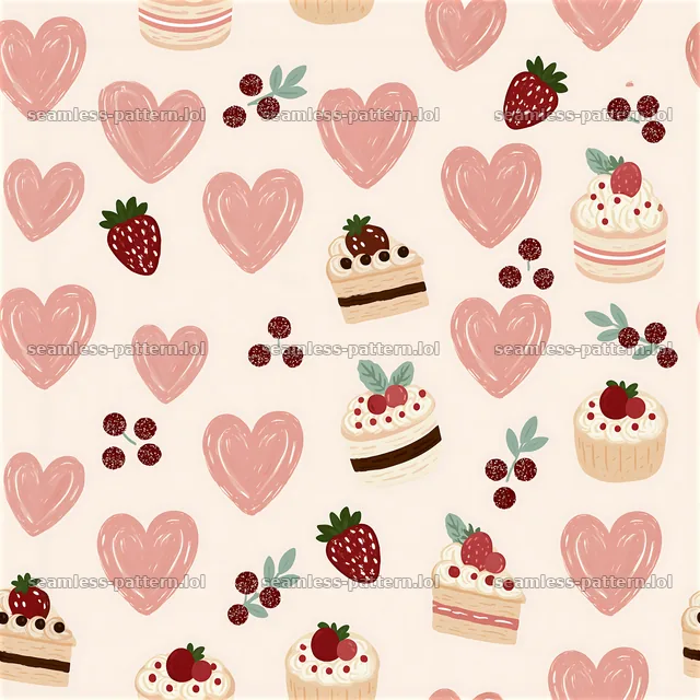 Seamless heart and dessert pattern with cakes and strawberries — seamless tileable pattern