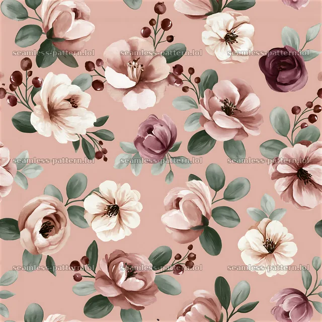 Repeat watercolor scattered flower pattern with leaves — seamless tileable pattern