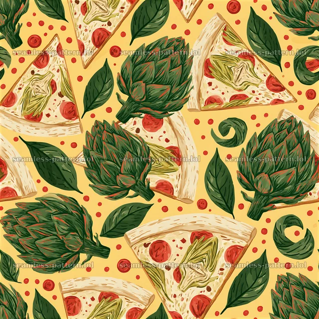 Pattern/seamless artichoke pizza pattern on yellow background with leaves — seamless tileable pattern