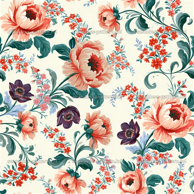 Colorful floral repeat pattern features vibrant flowers and green leaves — seamless tileable pattern
