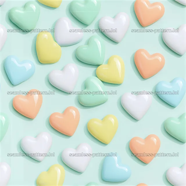 Ceramic hearts repeat pattern in pastel colors on light background — seamless tileable pattern