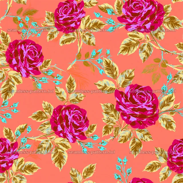 Cheerful rose seamless pattern on vibrant coral background with gold accents — seamless tileable pattern