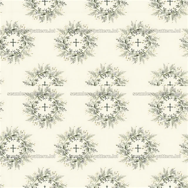 Repeating pattern of botanical wreaths surrounding small crosses — seamless tileable pattern