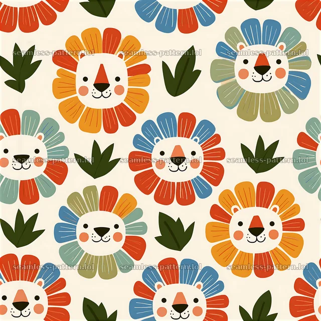 Modern lion face repeating pattern with floral elements — seamless tileable pattern