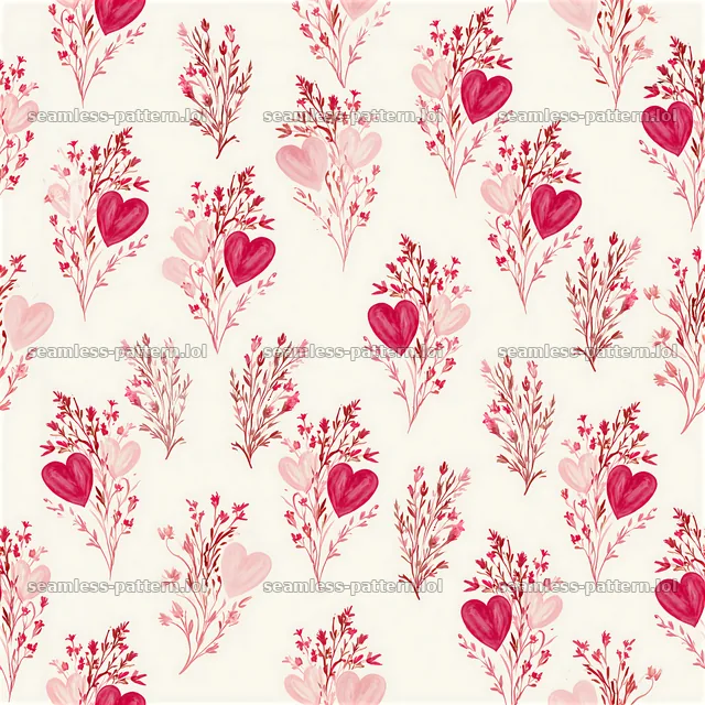 Seamless romantic heart pattern with floral motifs in red and pink shades — seamless tileable pattern