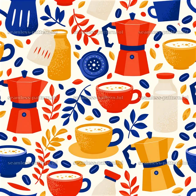 Seamless coffee kitchen pattern with cups, coffee pots, and leaves — seamless tileable pattern