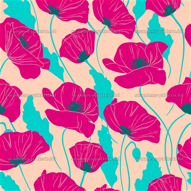 Poppy repeat pattern in vibrant pink and turquoise on soft background — seamless tileable pattern