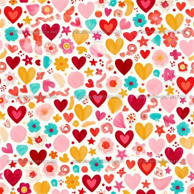Valentine scrapbook repeat pattern with hearts and flowers — seamless tileable pattern