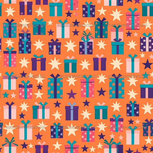 Repeating pattern of tiny presents and festive stars in bright colors — seamless tileable pattern