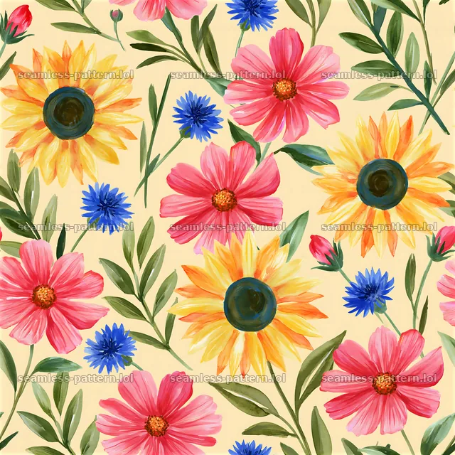 Colorful watercolor blooms seamless pattern on pale background — seamless tileable pattern