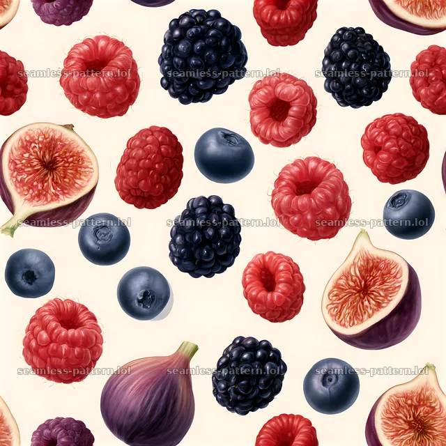 Colorful fruit seamless pattern with figs, berries, and blue-black fruits — seamless tileable pattern