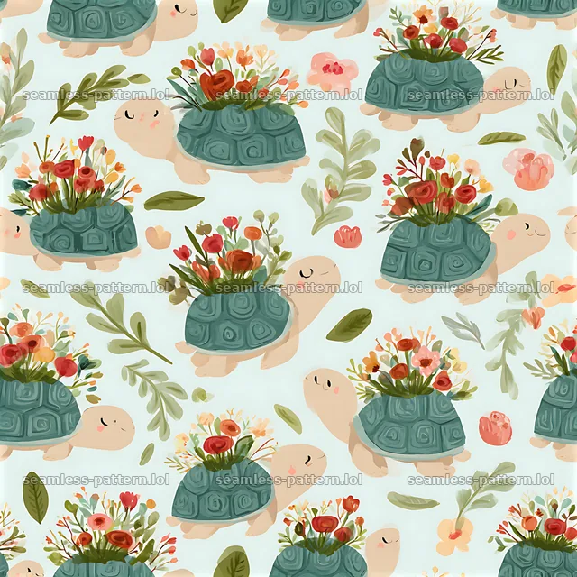 Cute turtle seamless pattern with flowers on a light blue background — seamless tileable pattern