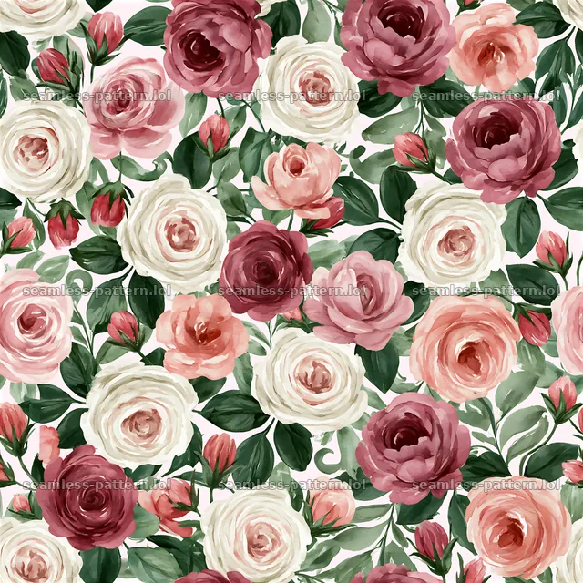 Watercolor floral repeat pattern with blooming roses and leaves — seamless tileable pattern