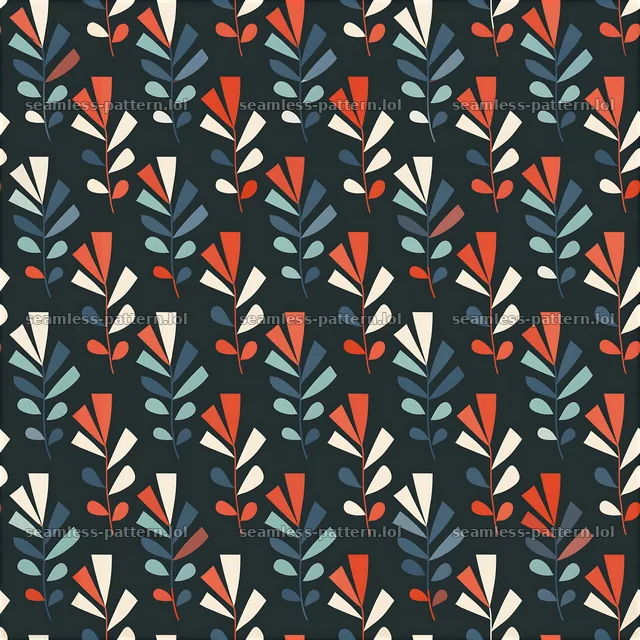 Colorful leaf accents repeating pattern on dark background — seamless tileable pattern