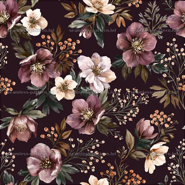Watercolor floral repeating pattern with dark background — seamless tileable pattern