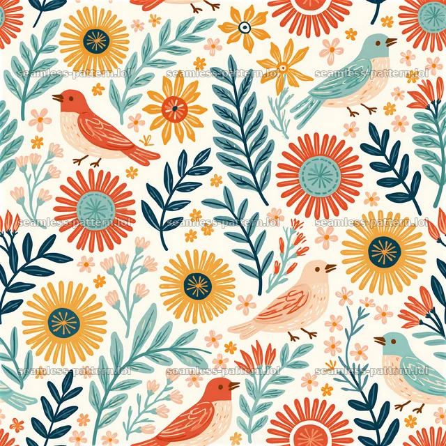 Colorful folk art seamless pattern with birds and flowers in natural setting — seamless tileable pattern