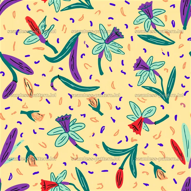 Funky floral doodles seamless pattern in bright colors on soft background — seamless tileable pattern