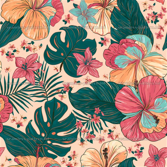 Tropical floral repeat pattern with hibiscus and palm leaves — seamless tileable pattern