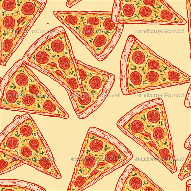 Seamless red and yellow pizza pattern with pepperoni and cheese — seamless tileable pattern